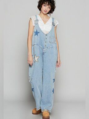 POL denim jumpsuit Star patchwork Light Blue Star-Patterned Overalls stud